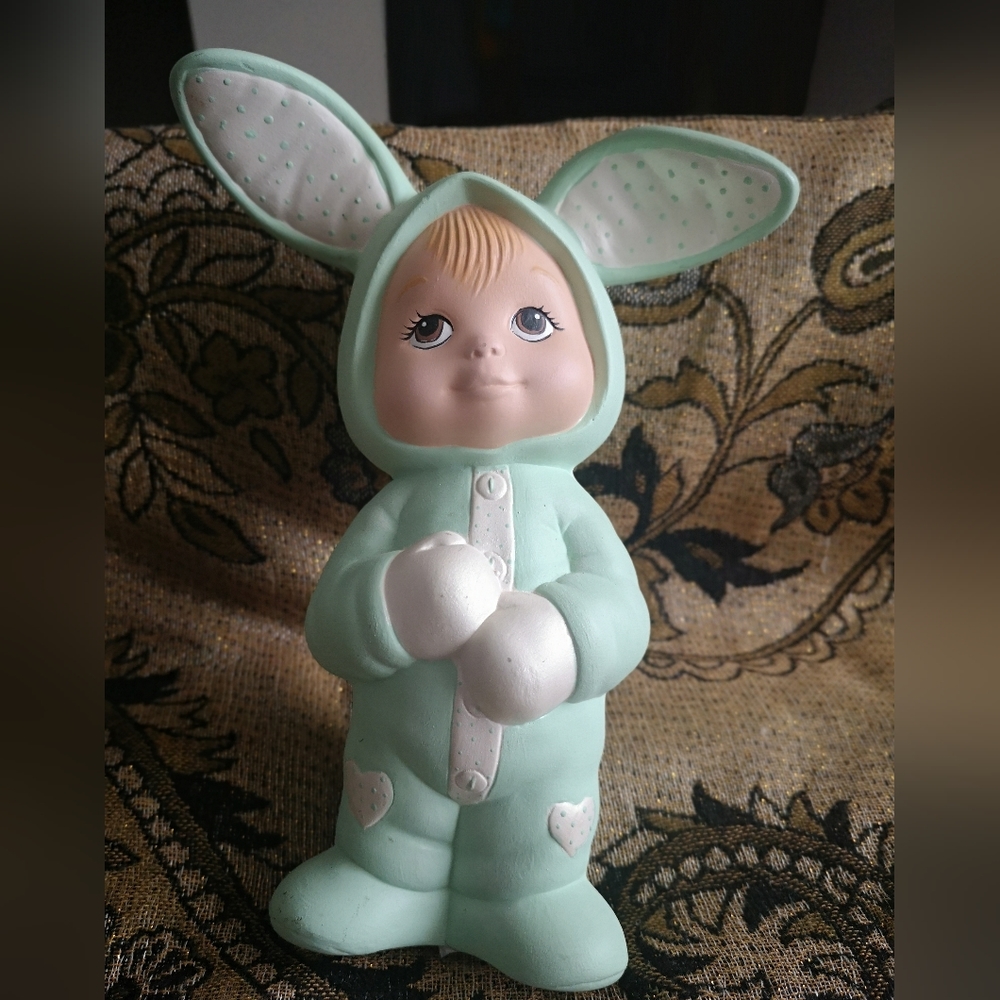 Vintage Ceramic 8 inches tall child in easter bunny suit